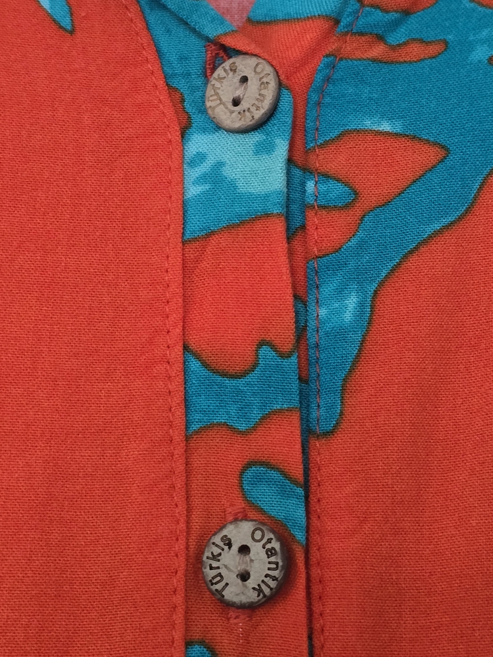 Turkis Otantik Cotton Coral Print Mini Dress Bell Sleeve Orange Turquoise L - Picture 3 of 9
